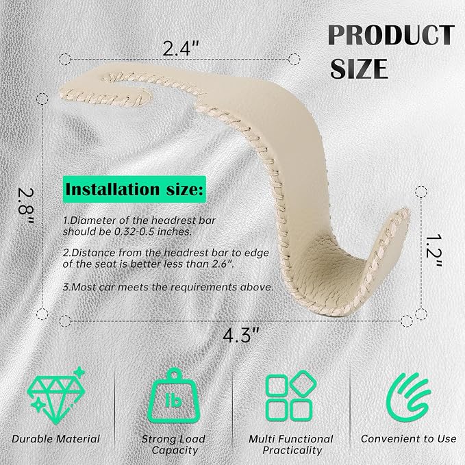 Car Seat Headrest Hook 55lb Heavy Duty Metal Hanger with Leather for Bags | Universal Fit car SUV Truck, Premium Microfiber Leather, Metal Core, Hang Purses Groceries Handbag Backpack, 4 Pack Beige - Image 6