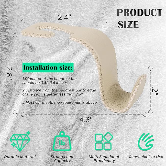 Car Seat Headrest Hook 55lb Heavy Duty Metal Hanger with Leather for Bags | Universal Fit car SUV Truck, Premium Microfiber Leather, Metal Core, Hang Purses Groceries Handbag Backpack, 2 Pack Beige - Image 6