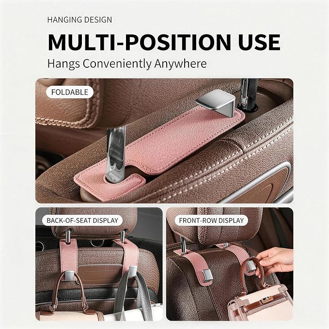 Car Headrest Hook,Premium Leather Back Seat Hanger for Purse & Bags | Solid 40lb metal core,360-degree silent rotation,space-saving hidden folding,durable dual support (2, Pink) - Image 2