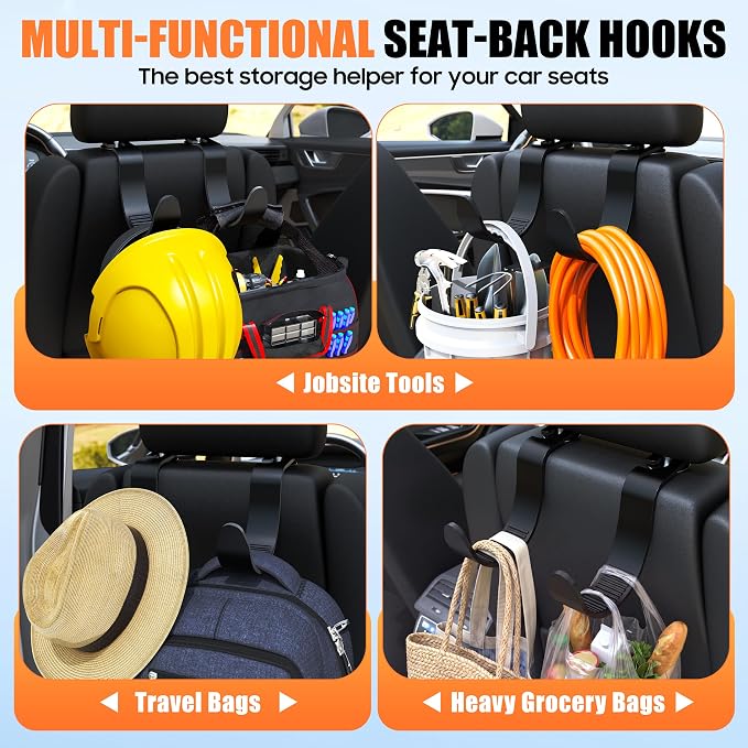 XL Hard Hat Headrest Hooks for Truck Heavy-Duty Car Seat Back Organizer | Durable ABS Material, Car Seat Hanger for Jobsite Tools Travel Bags Groceries Backpack, 2 Pack Vehicle Storage Holder - Image 2
