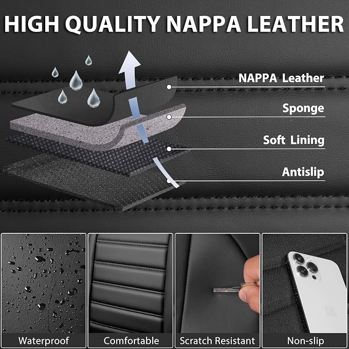 CAR PASS Nappa Leather Car Seat Covers Front Seats, Luxury Seat Protector for Cars, Waterproof Anti-Slip Seat Cushion Airbag Compatible Universal for Sedan SUV Pick-up Truck Automotive Vehicle, Black - Image 6