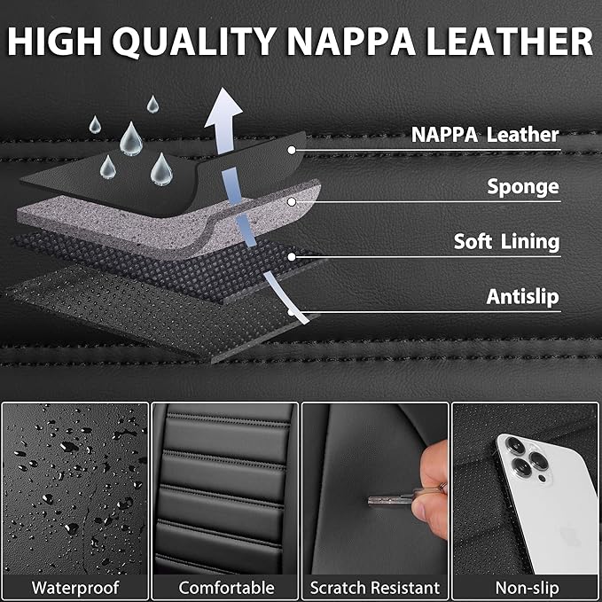 CAR PASS Back Seat Covers, Nappa Leather Rear Seat Bench Cushion Lined Sponge Waterproof Breathable PU Split Back Row Protector Universal Fit for Car Vehicle Sedan SUV Pickup Truck, Back Rear Seats - Image 5