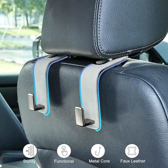 Heavy-Duty Car Headrest Hooks Holds 44lb Suede & Metal Hangers for Bags | Universal Fit for Cars/Suv/Trucks, 2-Pack, Hang Grocery Bag Handbag Purses Coat Water Bottle, Seat Back Organizer，Light Gray - Image 3