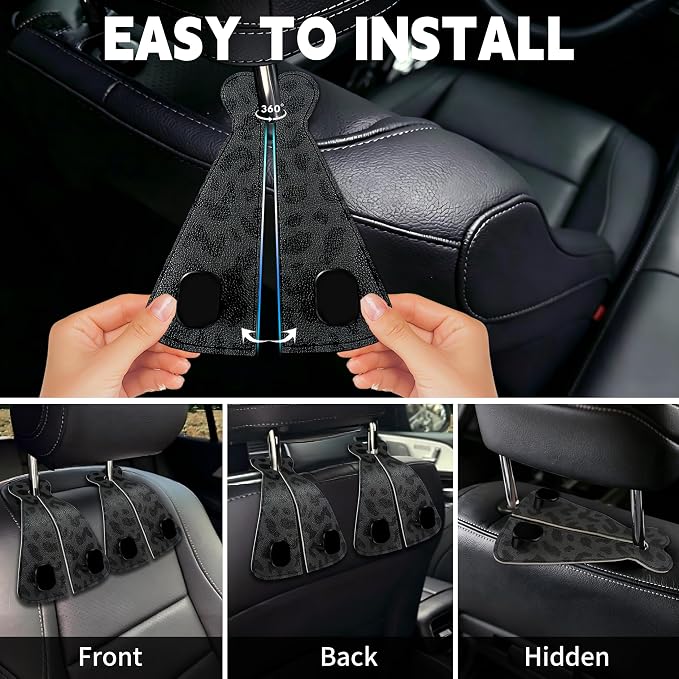 XIANGYUAN 2PCS PU Leather Car Seat Back Storage Headrest Hook,Purse Holder Bags Hanger,Women Car Accessories Organization(Black Leopard Print) - Image 4