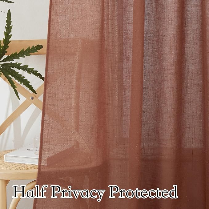RYB HOME Flax Linen Blend Curtains 90 inches Long for Living Room | Fall Decor, Light Filtering, Semi Translucent, Window Treatments, Terracotta, W52 x L102, 2 Panels - Image 5