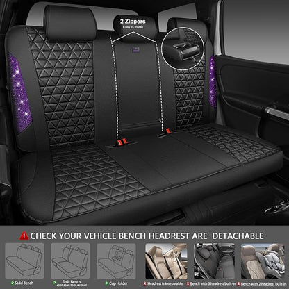 CAR PASS Bling Diamond Leather Car Seat Covers Full Seats Interior Sets, Waterproof Shining Glitter Sparkly Crystal Universal Armrest Fit Automotive Truck SUV Cute Women Girl, Black Purple Rhinestone - Image 4