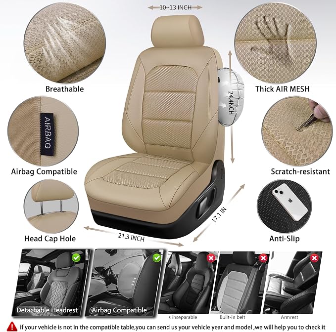 CAR PASS Memory Foam Car Seat Covers,Air Cool Mesh Thick Seat Covers Front Seats,Beige Leather Seat Cover for Car,Universal Automotive Comfort for Most Cars,SUV,Trucks,Airbag Compatible,All Beige - Image 4