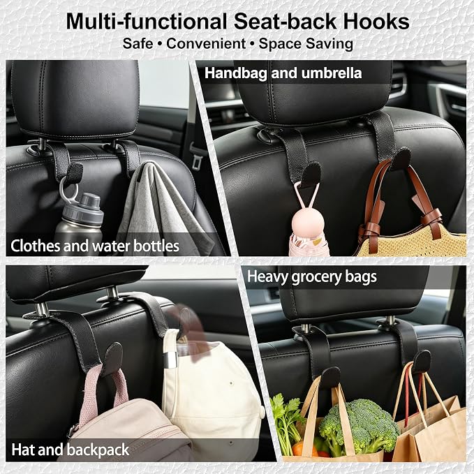 Car Seat Headrest Hook Heavy Duty 55lb Metal Hanger with Leather for Bags | Universal Vehicle Seat Back Organizer, Ergonomic Design, Hang Groceries Handbag Backpack Water Bottle, 4 Pack Black - Image 3