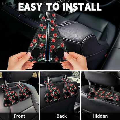XIANGYUAN 2PCS PU Leather Car Seat Back Storage Headrest Hook,Purse Holder Bags Hanger,Women Car Accessories Organization(Red cherries) - Image 4