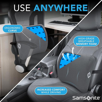 Samsonite Memory Foam Lumbar Support Pillow for Office Chair, Gaming Chair, or Car-Ergonomic Back Cushion-Home Essentials for Sitting Comfort and Posture Relief Back Support with Cooling Gel, Grey - Image 2