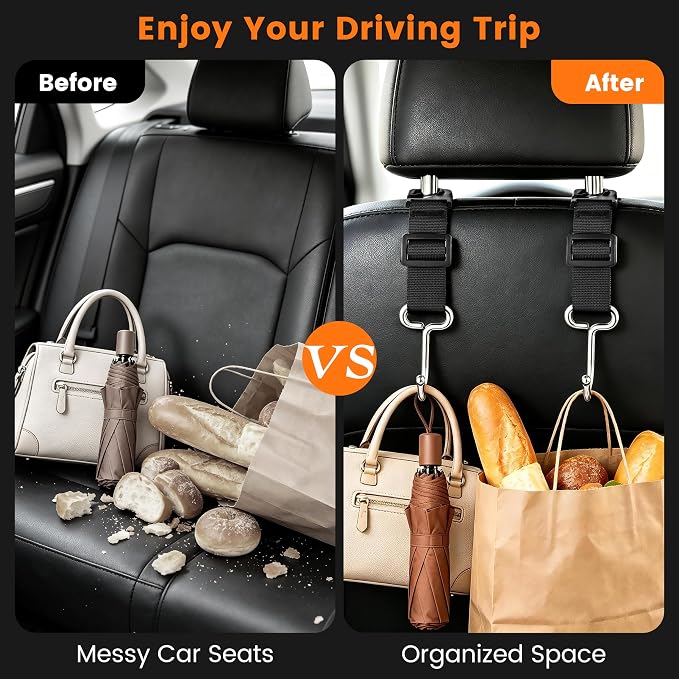 Amooca 4 Pack Car Headrest Hooks, Adjustable Heavy Duty Metal Back Seat Hanger, Auto Purse Bag Holder for Vehicle Headrest - Image 3
