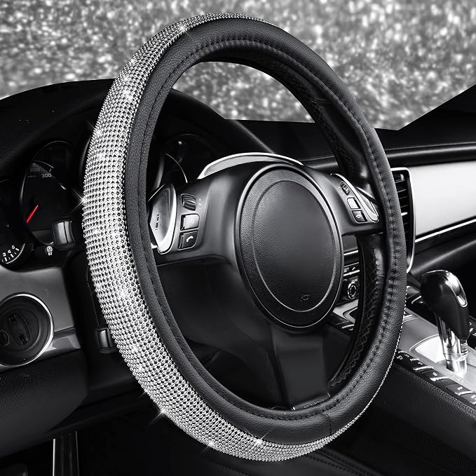 CAR PASS Bling Silver Diamond Leather Steering Wheel Cover, with Sparkly Crystal Glitter Rhinestone Universal Fit 13" 1/2-14" Small Car Wheel Protector for Women Girl Fit Car,SUV,Van,Sedan, Silver - Image 2