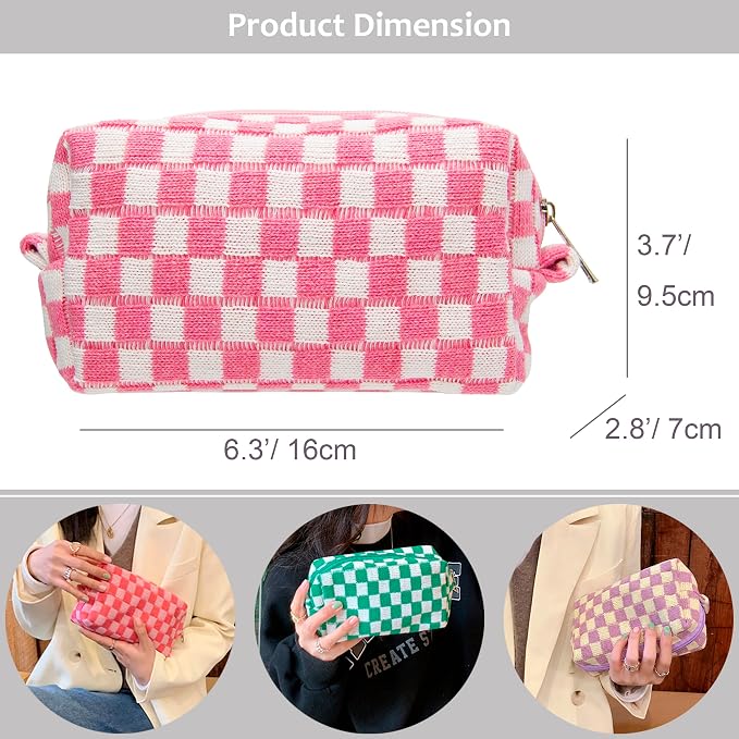 PAZIMIIK Checkered Makeup Bag for Purse, Small Travel Cosmetic Pouch,Pink | Cute Zipper Makeup Organizer for Women, Travel Essentials, Toiletries, Makeup Brushes, Beauty Accessories&Bridesmaid Gifts - Image 6