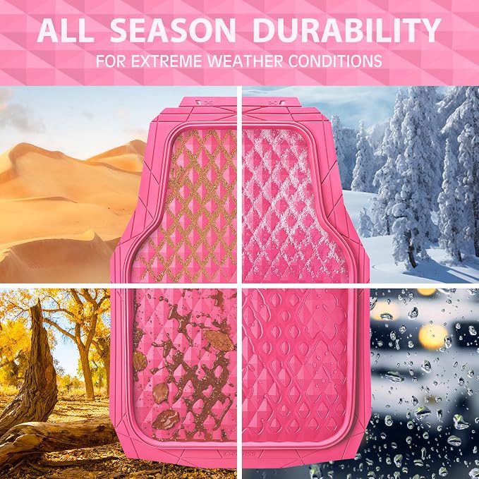 CAR PASS Heavy Duty Rubber Hot Pink Car Floor Mats & Cargo Liners, Deep Dish All-Weather Trunk Mats Durable Anti-Slip 3D Rhombus Waterproof Trim to Fit Liner Universal Fit Auto,Sedan,SUV,Truck, Pink - Image 4