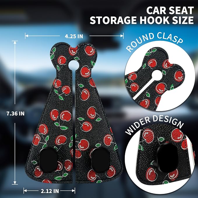 XIANGYUAN 2PCS PU Leather Car Seat Back Storage Headrest Hook,Purse Holder Bags Hanger,Women Car Accessories Organization(Red cherries) - Image 3