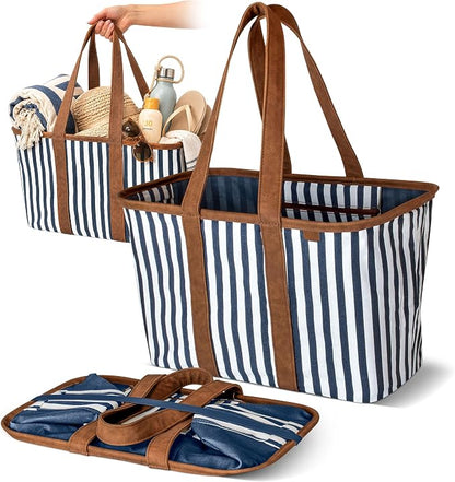 CleverMade Collapsible Tote LUXE, 30L Structured Tote Bag with Handles | Pack It All Without the Floppy-Bag Fight | Steel Rim Stays Open, Soft Grips Carry 30 lb, and Tote Folds to 1.5 Inches by CleverMade