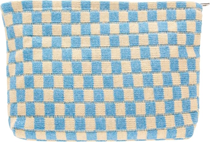 Checkered Makeup Bag for Purse, Small Flat Cosmetic Pouch,Blue Beige | Cute Zipper Makeup Organizer for Women, Travel Essentials, Toiletries, Makeup Brushes, Beauty Accessories&Bridesmaid Gifts by PAZIMIIK