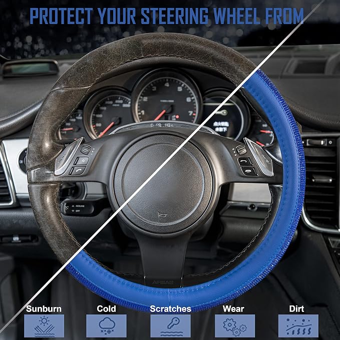 CAR PASS Bling Diamond Leather Steering Wheel Cover, with Bling Sparkly Crystal Glitter Rhinestones Universal Fit 14" 1/2-15" Car Wheel Protect for Women Girl Fit Suvs,Vans,Sedans,Cars,Trucks, Blue - Image 6