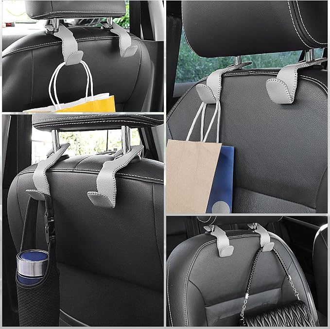 LivTee Gray Superior Leather Car Seat Back Headrest Hook, Auto Seat Hook Hangers Interior Accessories for Purse Coats Umbrellas Grocery Bags Handbag, 2-Pack - Image 6