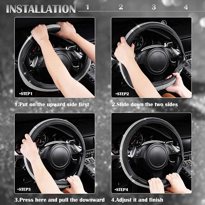 CAR PASS Bling Silver Diamond Leather Steering Wheel Cover, with Sparkly Crystal Glitter Rhinestone Universal Fit 13" 1/2-14" Small Car Wheel Protector for Women Girl Fit Car,SUV,Van,Sedan, Silver - Image 6