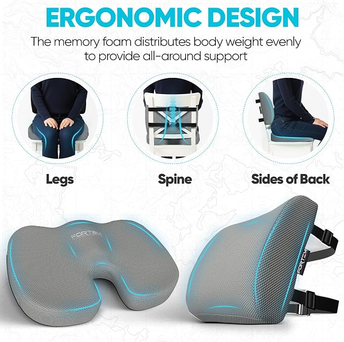 FORTEM Seat Cushion & Lumbar Support for Office Chair, Wheelchair, Car | Memory Foam | Ergonomic Design | Washable Cover | Non Slip | Grey - Image 6