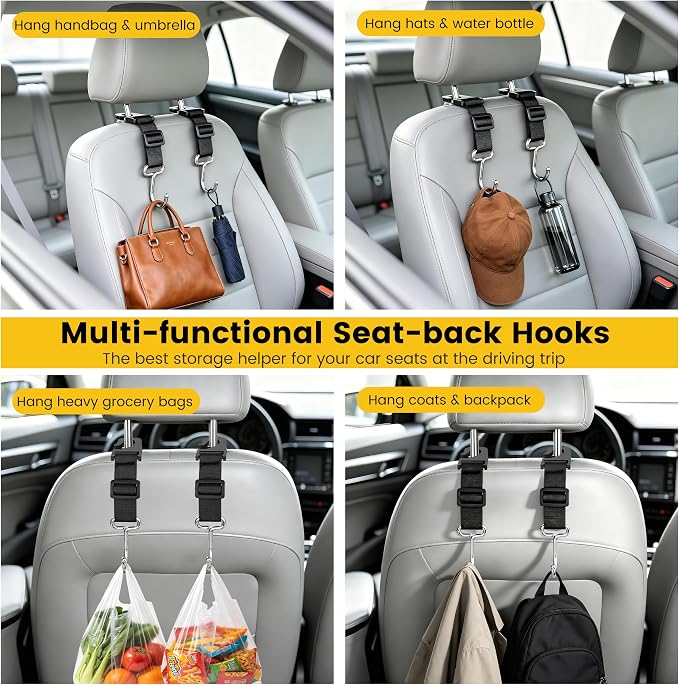 Amooca 4 Pack Car Headrest Hooks, Adjustable Heavy Duty Metal Back Seat Hanger, Auto Purse Bag Holder for Vehicle Headrest - Image 4