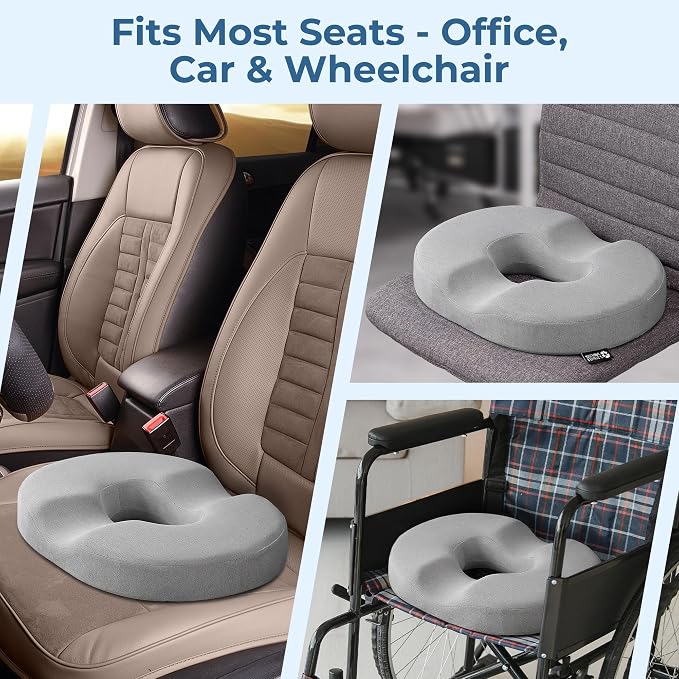 5 STARS UNITED Donut Pillow for Tailbone Pain & Hemorrhoids – Large Orthopedic Memory Foam Seat Cushion for Pressure Relief – Prostate, Postpartum, Pregnancy, Bed Sore, Premium Gray Suede - Image 4