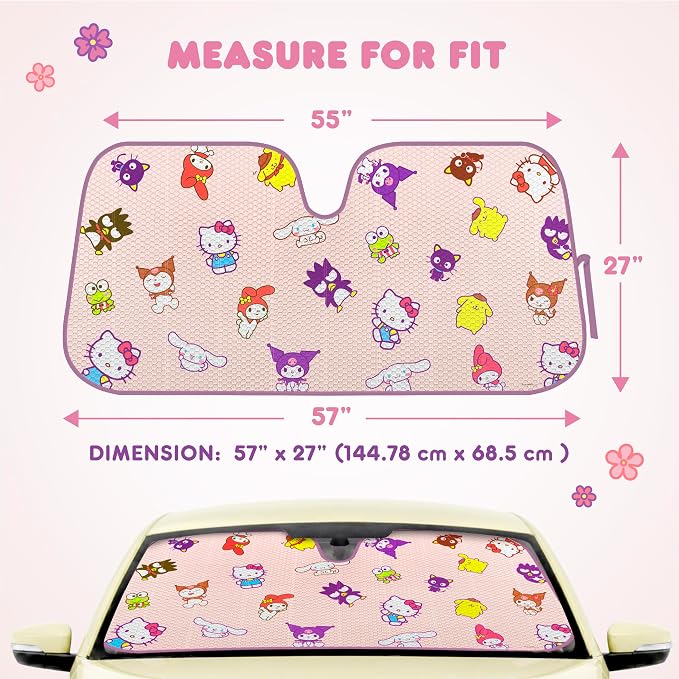 Hello Kitty and Friends Car Windshield Sun Shade, Official Sanrio Gift | Kuromi, My Melody, Cinamorrol, Badtz-Maru, Keroppi, Chococat & Pompompurin - Hello Kitty Car Accessories for Women - Image 3
