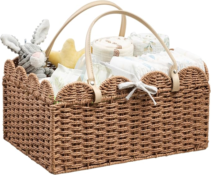 Paper Rope Diaper Caddy, Scalloped Baskets with Removable Divider | Woven Floral Baby Diaper Organizer for Changing Table,Baby Shower Gifts,Portable Car Organizer for Diapers by Angelhood
