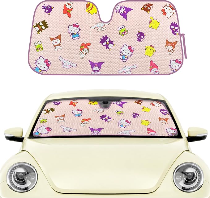 Hello Kitty and Friends Car Windshield Sun Shade, Official Sanrio Gift | Kuromi, My Melody, Cinamorrol, Badtz-Maru, Keroppi, Chococat & Pompompurin - Hello Kitty Car Accessories for Women by Carbella