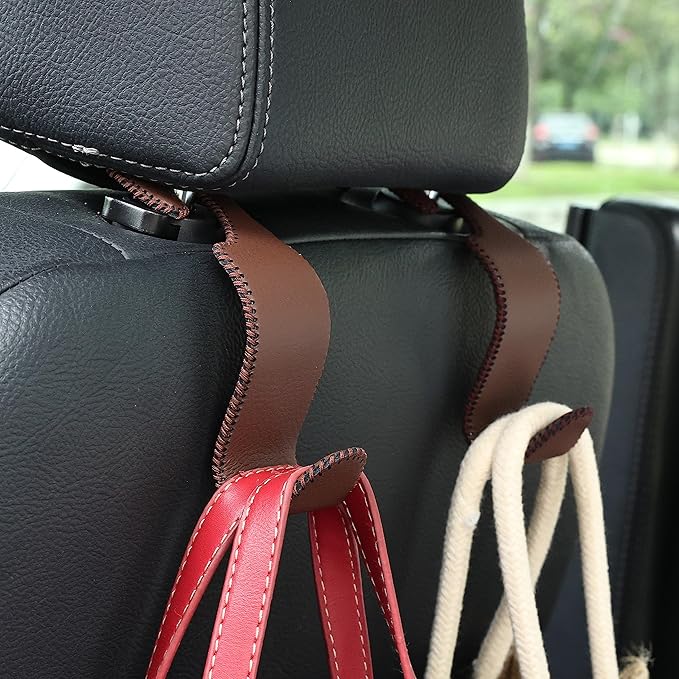 4-Pack Car Headrest Hooks Holds 55lbs Seat Storage Organizer for Bags | Fiber Leather, Durable Metal, Car Hanger for Backpack Umbrella Water Bottle Coat Purses Handbags Groceries, Brown - Image 2