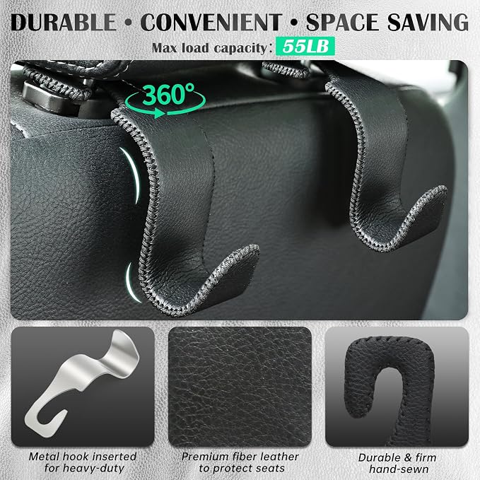 Car Seat Headrest Hook 55lb Heavy Duty Metal Hanger with Leather for Bags | Universal Fit car SUV Truck, Premium Microfiber Leather, Metal Core, Hang Purses Groceries Handbag Backpack, 4 Pack Black - Image 3