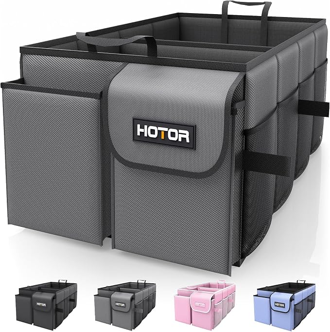 HOTOR Trunk Organizer - Foldable Car Organizer for SUVs & Sedans Storage | Sturdy Car Organization for Men & Women, Car Accessories, Tools, Sundries, Grey, 2 Compartments, 23.6" x 14.2" x 10.6" by HOTOR