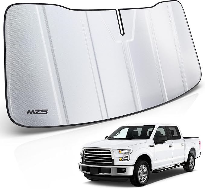 MZS Windshield Sun Shade Compatible with F150 2015-2020 | 6-Layer Heat Insulation, 99% UV Blocking, Keeps Interior Cool, Full Coverage Visor, Foldable Car Window Sunshade, Storage Bag by MZS
