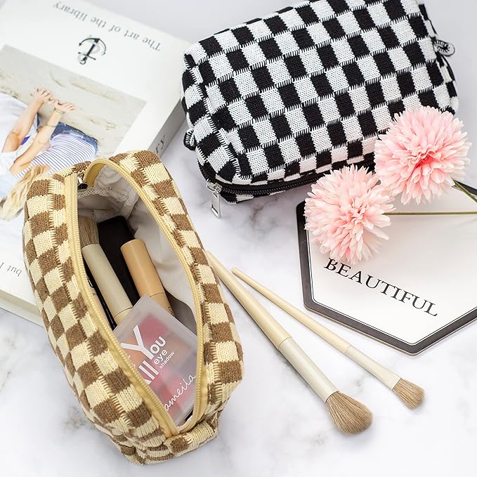 Checkered Makeup Bag for Purse, Small Travel Cosmetic Pouch,Coffee,2 Pack | Cute Zipper Makeup Organizer for Women, Travel Essentials, Toiletries, Makeup Brushes, Beauty Accessories&Bridesmaid Gifts - Image 3