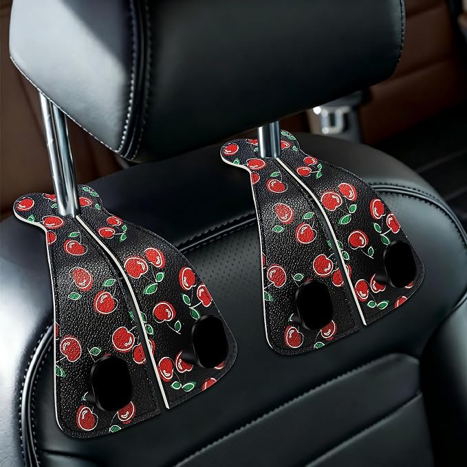 XIANGYUAN 2PCS PU Leather Car Seat Back Storage Headrest Hook,Purse Holder Bags Hanger,Women Car Accessories Organization(Red cherries) by XIANGYUAN