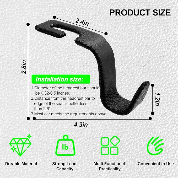 Car Seat Headrest Hook Heavy Duty 55lb Metal Hanger with Leather for Bags | Universal Vehicle Seat Back Organizer, Ergonomic Design, Hang Groceries Handbag Backpack Water Bottle, 4 Pack Black - Image 6