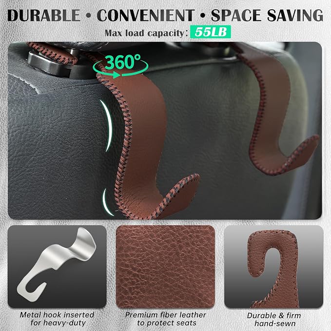 Car Seat Headrest Hook 55lb Heavy Duty Metal Hanger with Leather for Bags | Universal Fit car SUV Truck, Premium Microfiber Leather, Metal Core, Hang Purses Groceries Handbag Backpack, 4 Pack Brown - Image 4