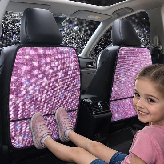 Bling Kick Mats for Car Seats with Pockets – Crystal Diamond Protectors for Girls & Women, Easy-to-Install Backseat Kick Mats with Storage & Sparkling Rhinestones Pink 2pcs by Pirador