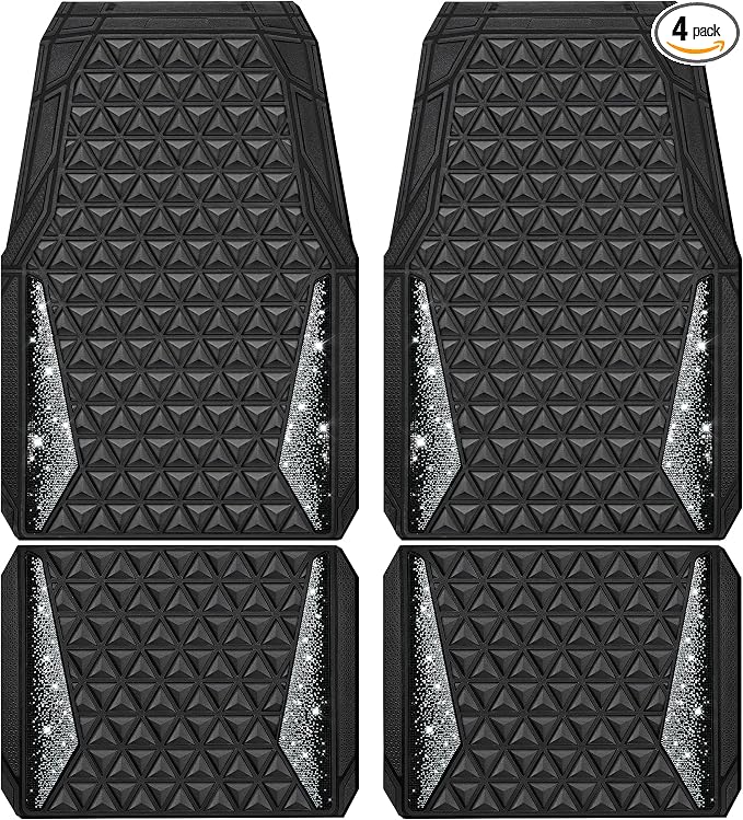 CAR PASS Bling Diamond Car Mats Rubber Floor Mats Full Set Anti-Slip 3D Rhombus Waterproof Trim to Fit Liner Universal Glitter Crystal Sparkly Shining Rhinestone Girl Women SUV Sedan Van, Black Silver by CARPASS
