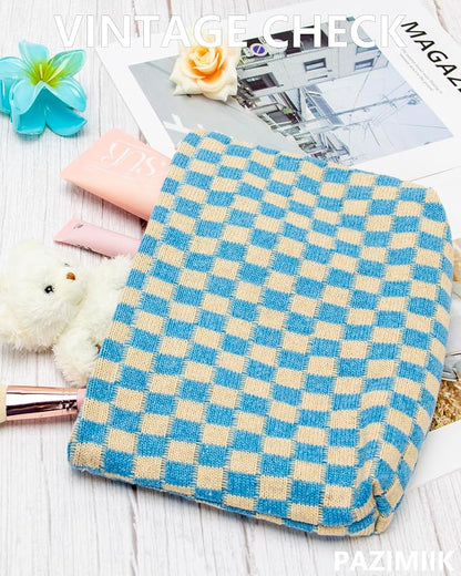 Checkered Makeup Bag for Purse, Small Flat Cosmetic Pouch,Blue Beige | Cute Zipper Makeup Organizer for Women, Travel Essentials, Toiletries, Makeup Brushes, Beauty Accessories&Bridesmaid Gifts - Image 3