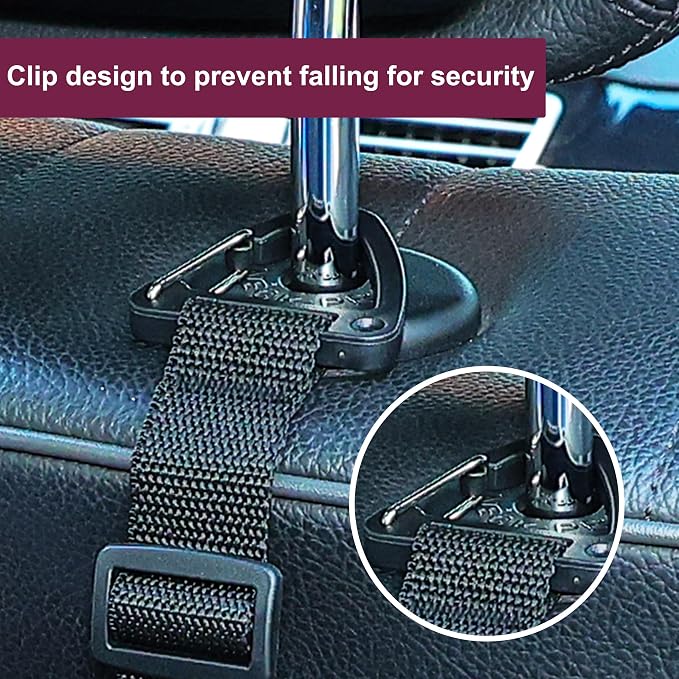 4-Pack Universal Car Headrest Hooks Anti-drop Seat Back Organizer for Bags | Adjustable Nylon Straps, Heavy-Duty Holds 40 lbs, Thickened ABS, Hanger for Handbag Backpack Groceries Water Bottle, Black - Image 5