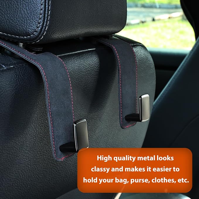 Heavy-Duty Car Headrest Hooks Holds 44lb Suede & Metal Hangers for Bags | Universal Fit for Cars/Suv/Trucks, 2-Pack, Hang Grocery Bag Handbag Purses Coat Water Bottle, Seat Back Organizer，Black - Image 3