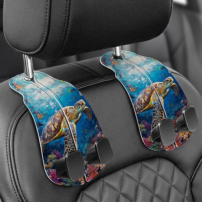 WOCOCN Purse Holder for Car, 2 Pack Heavy Duty Purse Hanger for Car, Turtle | PU Leather Car Seat Hooks for Purses and Bags, Cute Floral Headrest Organizer for Handbags & Backpacks by WOCOCN