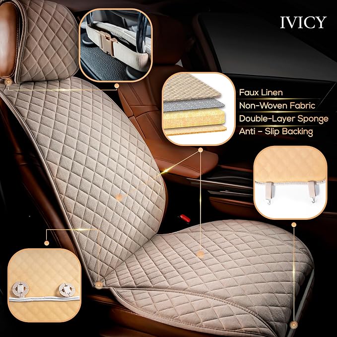 Faux Linen Front Car Seat Cover, Seat Protector, 1 Unit, Light Beige | Non-Slip Bucket Sear Cover for Most Cars, SUVs, Vans & Trucks – Machine Washable, Side-Airbag Friendly - Image 2