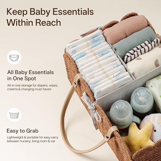 Paper Rope Diaper Caddy, Scalloped Baskets with Removable Divider | Woven Floral Baby Diaper Organizer for Changing Table,Baby Shower Gifts,Portable Car Organizer for Diapers - Image 3