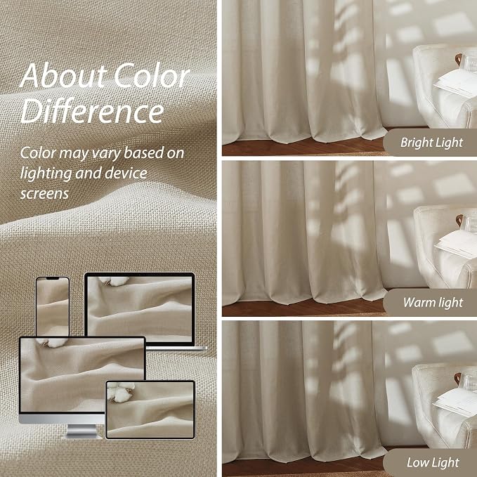RYB HOME Linen Sheer Curtains 2 Panels for Living Room, Semi Transparent Privacy Drapes with Rod Pocket Farmhouse Style Window Treatments for Bedroom, Taupe, 52" W x 63" L - Image 6