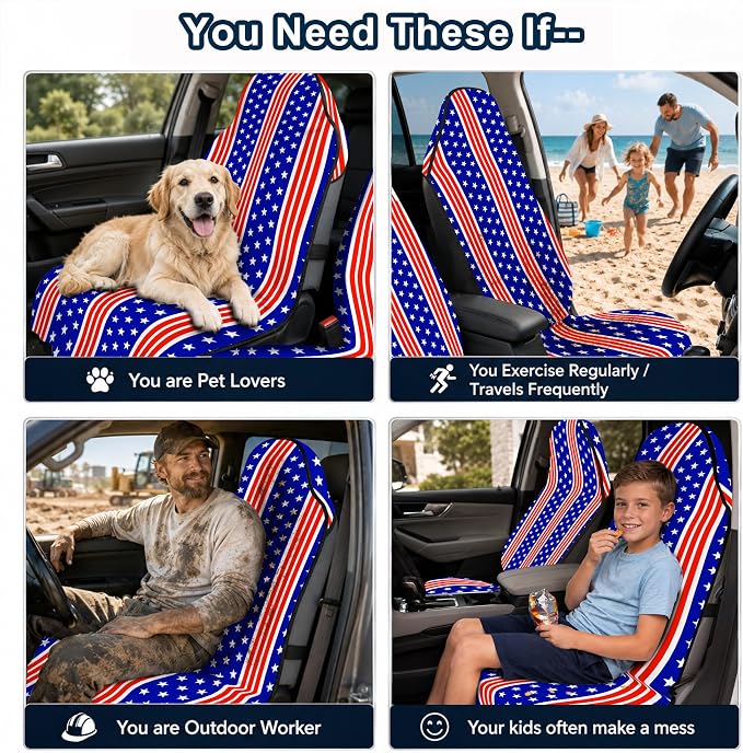 Car Seat Towel Cover 2 Pack for Front Seats, Sweat Absorbent Car Seat Protector with Non-Slip Backing, Waterproof Towel Car Seat Covers for Runners, Gym, Swimming, Beach, American Flag Stripe - Image 9