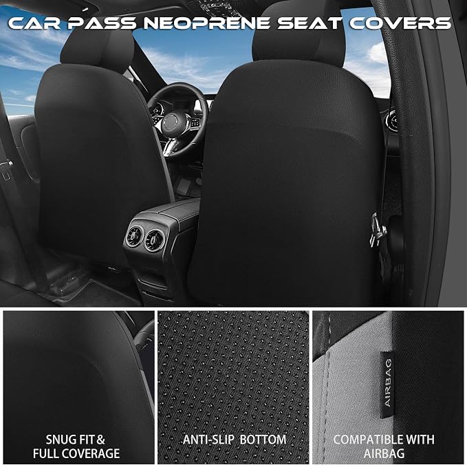 CAR PASS Waterproof Black Gray Car Seat Covers Front Seat Covers Neoprene Wetsuit,All-Weather Non-Slip Durable,Universal Fit for SUV Sedans Trucks Van Automotive,Airbag Compatible,3D Emboss Black Gray - Image 4