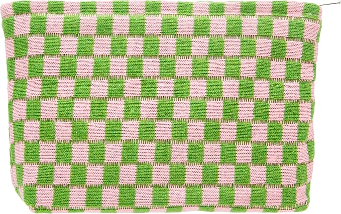 Checkered Makeup Bag for Purse, Small Flat Cosmetic Pouch,Pink Green | Cute Zipper Makeup Organizer for Women, Travel Essentials, Toiletries, Makeup Brushes, Beauty Accessories&Bridesmaid Gifts by PAZIMIIK